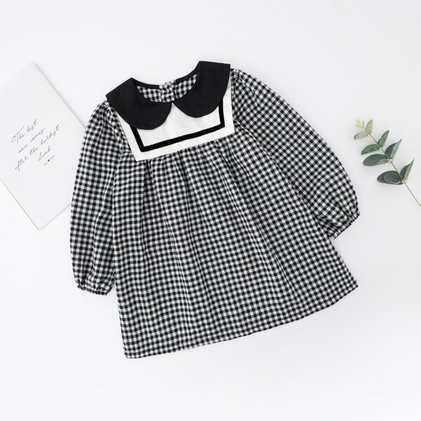

Toddler Girls Peter-pan Collar Gingham Print Dress, Black and white