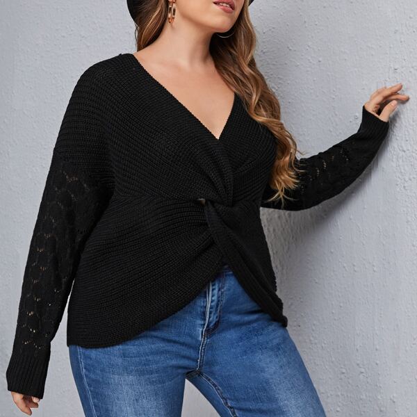 

Plus Twist Front V-neck Sweater, Black