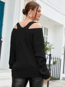 SHEIN Unity 大碼素色露肩套頭毛衣 - 黑色 - 查看 2