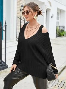 SHEIN Unity 大碼素色露肩套頭毛衣 - 黑色 - 查看 4