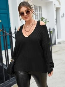 SHEIN Unity 大碼素色露肩套頭毛衣 - 黑色 - 查看 5