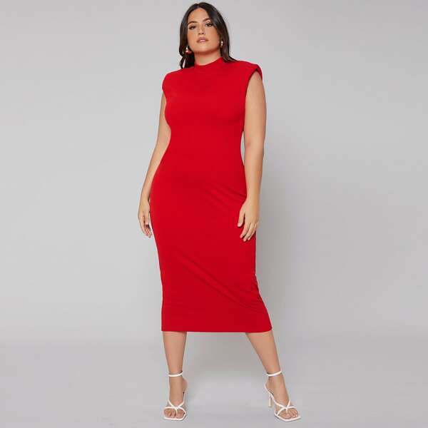 

Plus Ribbed-Knit Shoulder Pad Bodycon Dress, Red