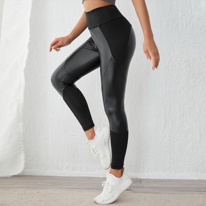 

Wide Band Waist Contrast PU Sports Leggings, Black