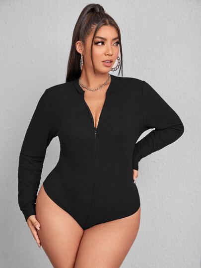 Plus Ribbed Knit Zipper Bodysuit