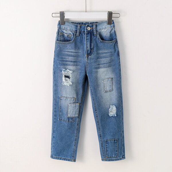 

Boys Ripped Patched Jeans, Medium wash