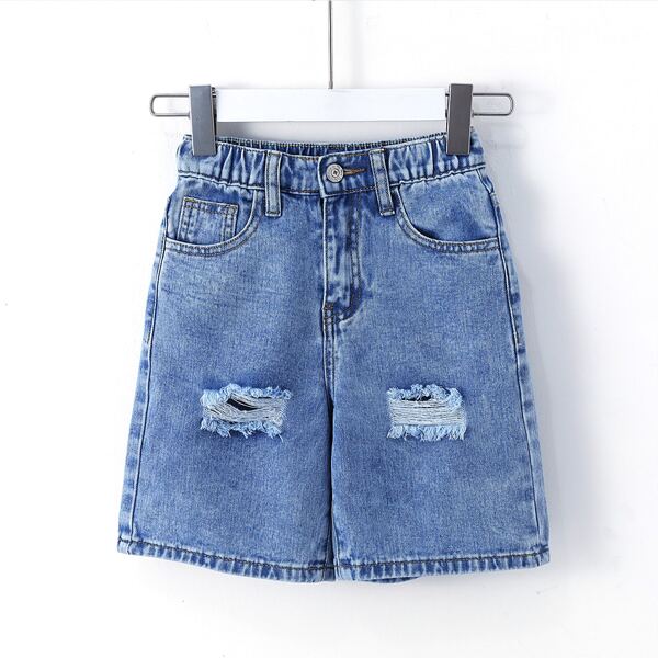 

Boys Ripped Frayed Elastic Waist Denim Shorts, Medium wash
