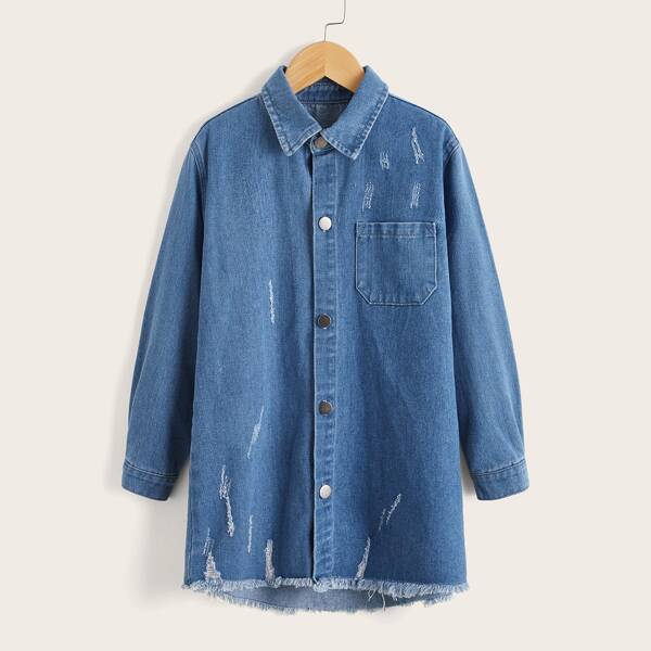 

Girls Cat Scratch Patched Pocket Raw Trim High Low Hem Denim Shirt Dress, Medium wash