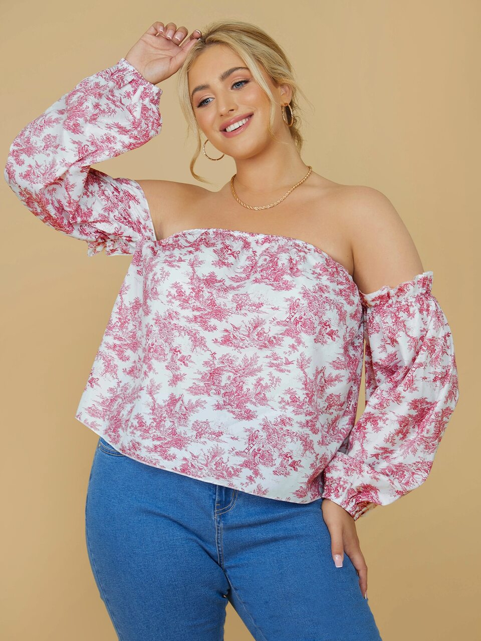 Plus All Over Print Off The Shoulder Blouse