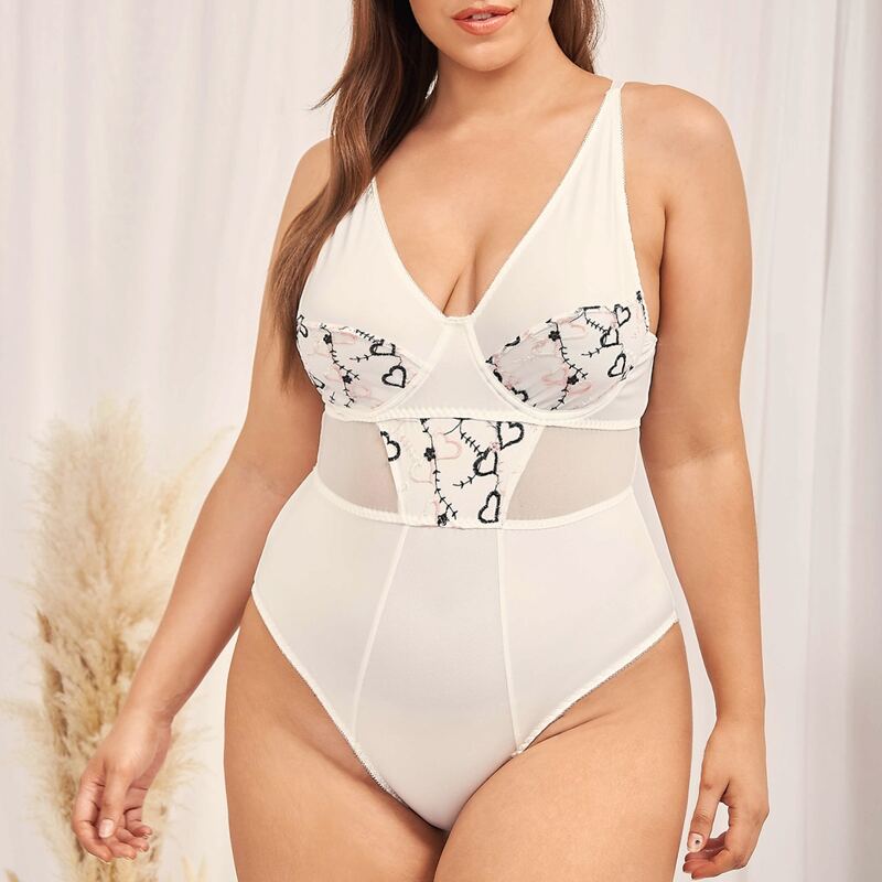 

Plus Heart Embroidery Teddy Bodysuit, White