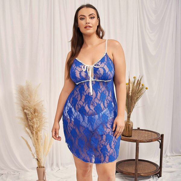 

Plus Floral Lace Tie Front Slips, Royal blue