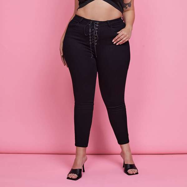 

Plus Lace Up Front Skinny Jeans, Black