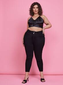 Plus Solid Raw Hem Skinny Jeans - Black - View 4