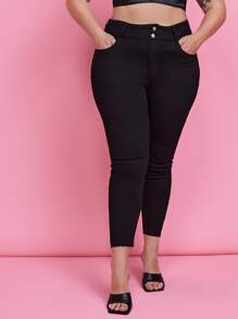 Plus Solid Raw Hem Skinny Jeans - Black - View 2