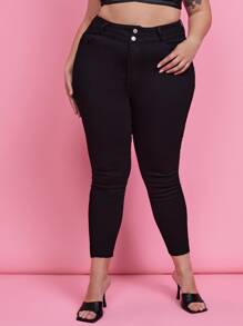 Plus Solid Raw Hem Skinny Jeans - Black - View 3