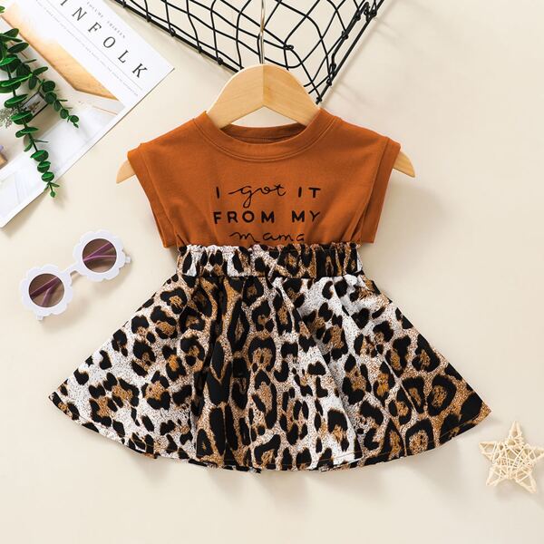 

Baby Girl Slogan & Leopard Spliced Dress, Multicolor