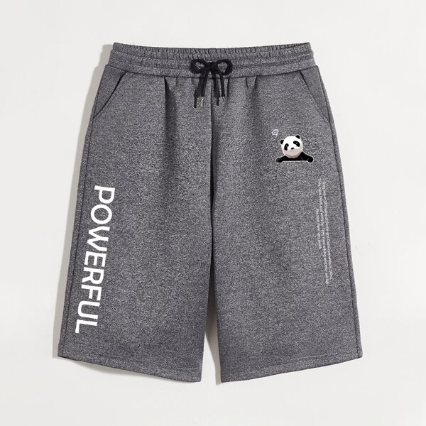 

Men Panda And Slogan Graphic Drawstring Waist Shorts, Dark grey