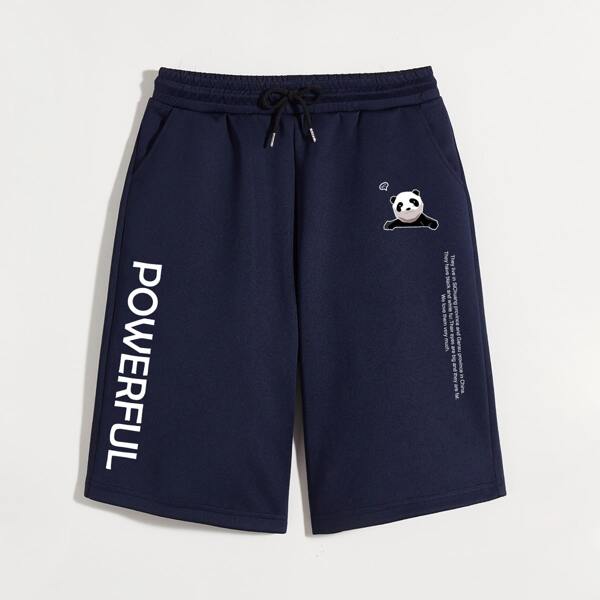 

Men Panda And Slogan Graphic Drawstring Waist Shorts, Navy blue