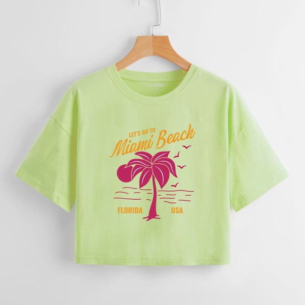 

Palm Tree & Slogan Graphic Tee, Lime green