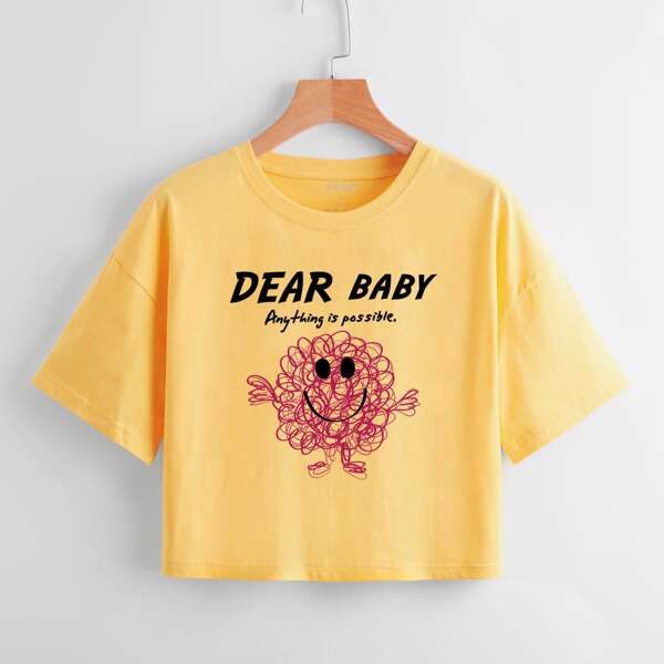 

Cartoon And Slogan Graphic Tee, Yellow