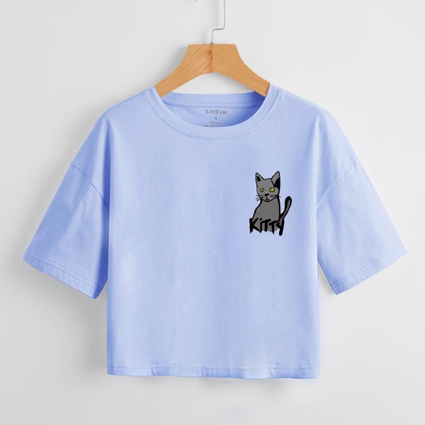 

Cat & Letter Graphic Crop Tee, Blue