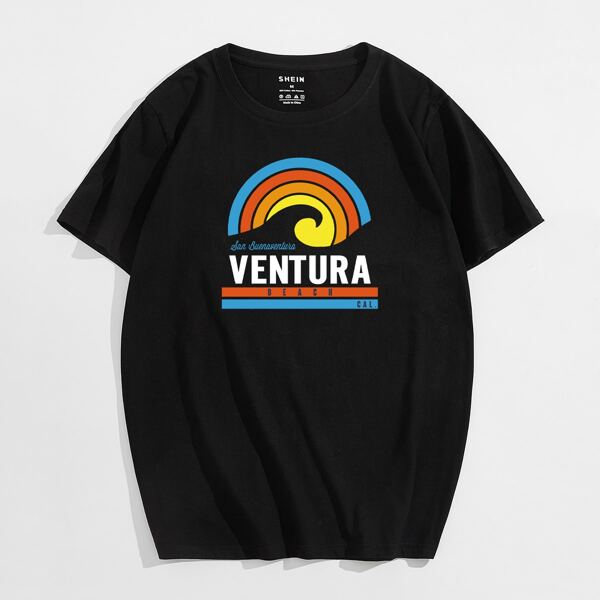 

Men Rainbow & Letter Graphic Tee, Black