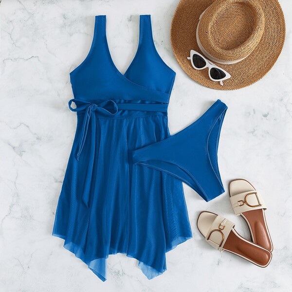 

Solid Knot Front Swim Dress With Bikini Bottom, Teal blue