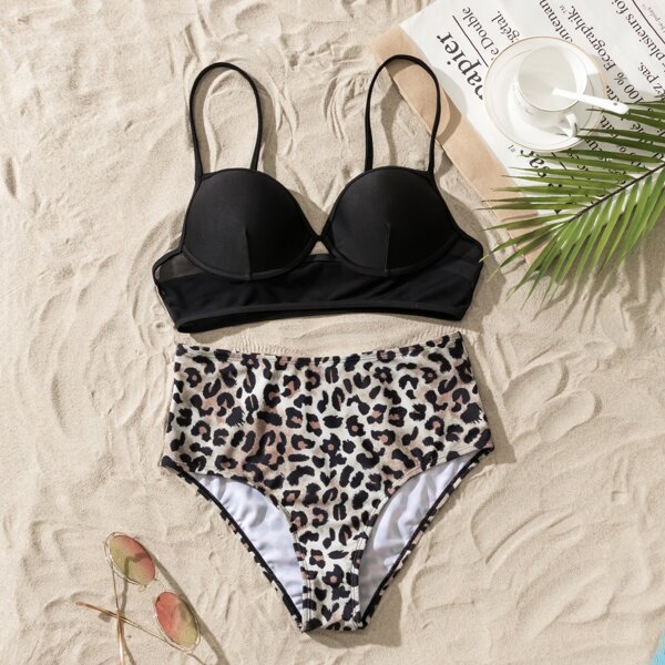 

Leopard Push Up High Waisted Bikini Swimsuit, Multicolor