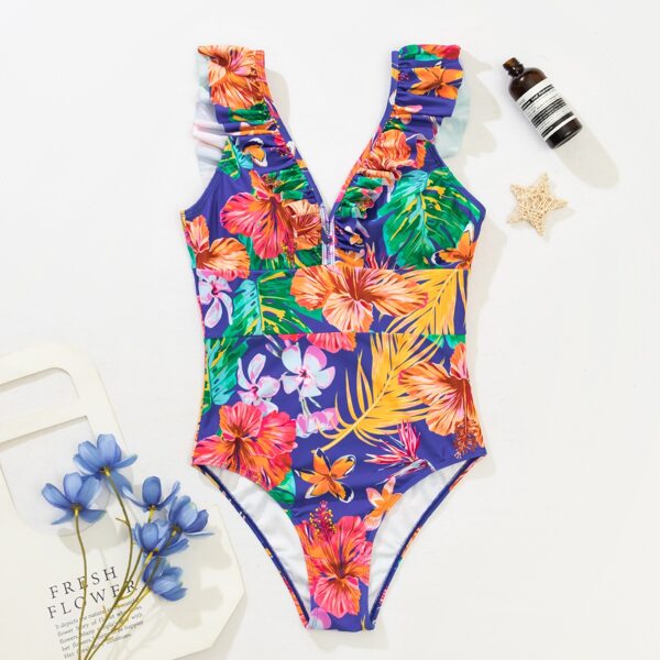 

Floral & Tropical Print Ruffle One Piece Swimsuit, Multicolor