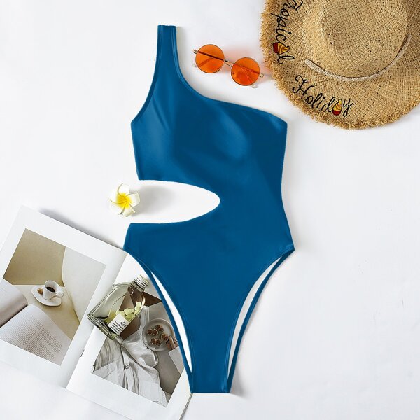 

Plain Cut-out One Shoulder One Piece Swimsuit, Blue