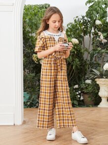SHEIN 女孩格紋標語圖案挖肩腰帶闊腿連體褲 - 彩色 - 查看 3