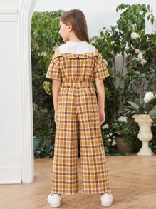 SHEIN 女孩格紋標語圖案挖肩腰帶闊腿連體褲 - 彩色 - 查看 4