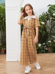 SHEIN 女孩格紋標語圖案挖肩腰帶闊腿連體褲 - 彩色 - 查看 2