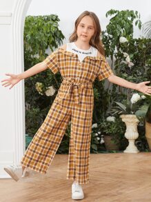 SHEIN 女孩格紋標語圖案挖肩腰帶闊腿連體褲 - 彩色 - 查看 1
