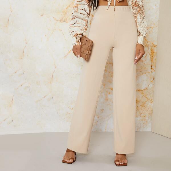 

Solid High Waist Straight Leg Pants, Apricot