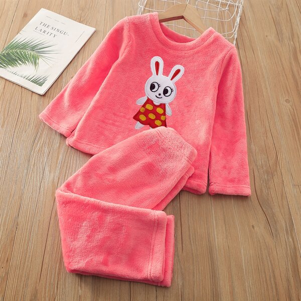 

Toddler Girls Cartoon Rabbit Graphic Teddy Sweatshirt & Pants, Watermelon pink
