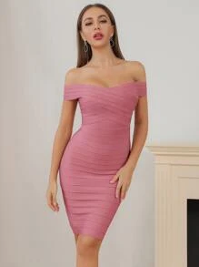 Lucra vestido ajustado vendaje de hombros descubiertos - Rosa vieja - Ver 1