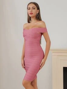 Lucra vestido ajustado vendaje de hombros descubiertos - Rosa vieja - Ver 4