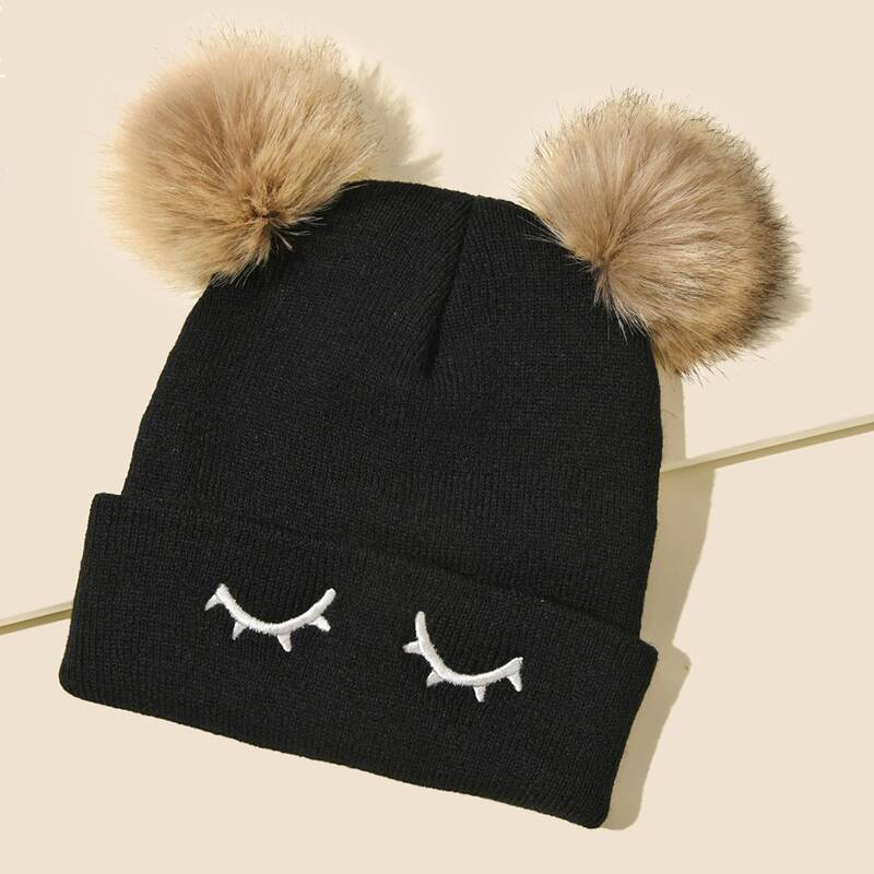

Pom Pom Decor Knit Hat, Black