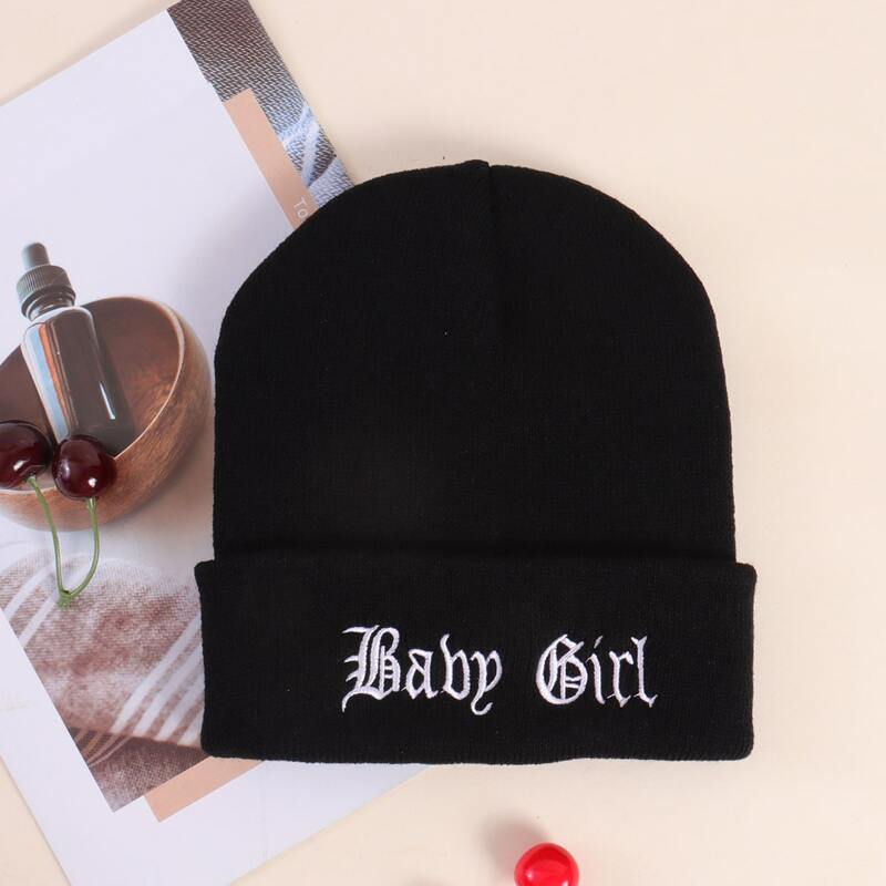 

Letter Graphic Embroidery Knit Hat, Black