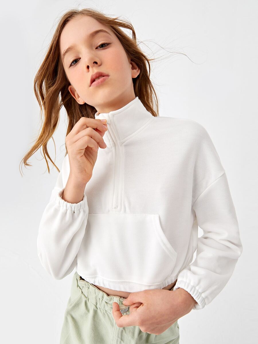SHEIN Girls Half Zip Drop Shoulder Sweatshirt - White - View 1
