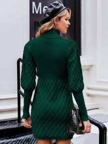 Simplee Đầm Áo len màu trơn Thanh lịch - Màu xanh lá cây đậm - Xem 2