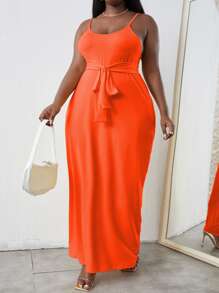Plus Solid Belted Cami Dress - Orange - View 1