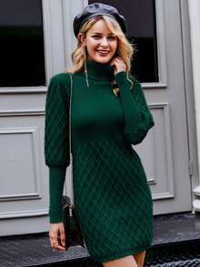Simplee Đầm Áo len màu trơn Thanh lịch - Màu xanh lá cây đậm - Xem 4