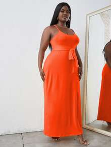 Plus Solid Belted Cami Dress - Orange - View 3