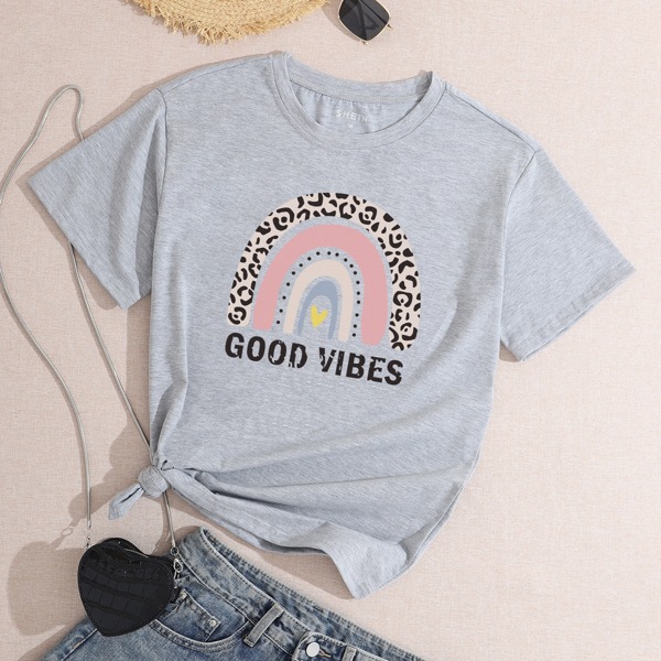 

Slogan And Leopard Print Tee, Light grey