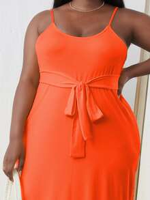 Plus Solid Belted Cami Dress - Orange - View 4