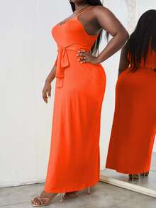 Plus Solid Belted Cami Dress - Orange - View 5