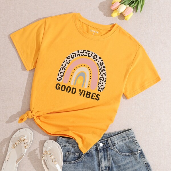 

Leopard & Slogan Print Round Neck Tee, Mustard yellow