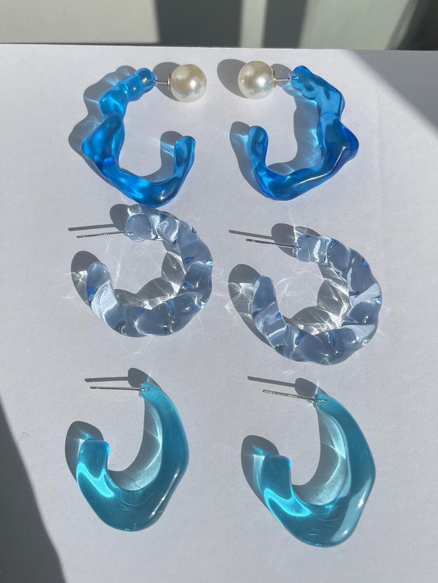 3 cặp hoa tai nhựa nửa tròn vòng cuff vòng - Màu xanh lam - Xem 1