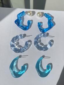 3 cặp hoa tai nhựa nửa tròn vòng cuff vòng - Màu xanh lam - Xem 2
